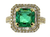 14kt Gold Cushion Cut 3.69 ct Emerald/Diamond Ring