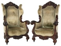 Pr. Carved Walnut Rococo Wingback Armchairs