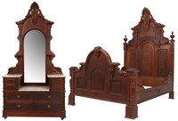 2 Pc. Carved Walnut Marble Top Bed Set