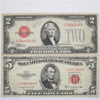 1953 $5.00 Red Seal Star Note & 1928 $2.00 Red....