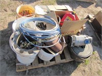 Pallet w/ bucket of chain hooks, bolts, gas can,