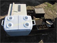 Pallet w/ A/C unit, cooler & misc parts bins w/