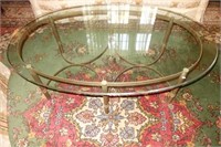 OVAL IRON BASE, GLASS TOP COFFEE TABLE 52" LONG