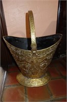 EUROPEAN BRASS ASH BUCKET EMBOSSED WITH FRUIT AND