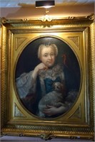 OIL ON CANVAS PAINTING - FRENCH LADY W/DOG AND