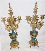 PAIR MARBLE AND BRASS CANDELABRAS CLAW FEET, 27"