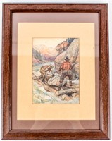 Art Phillip R Goodwin Watercolor Men on Raft, Bear