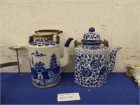 TWO LARGE BLUE AND WHITE PORCELAIN TEA POTS, BOTH
