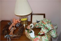 LOT - GLASS LAMP, 2 WREATHES AND NEEDLEPOINT