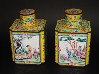 Pair of Chinese Canton Enamel Tea Caddies