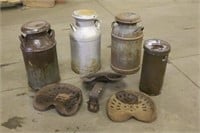 (3) MILK CANS AND (2) CAST IRON TRACTOR SEATS
