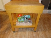 Oak Rolling Cart with Slab Marble Pieces, etc