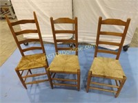 3 WOODEN LADDER BACK CHAIRS WITH RUSH SEATS