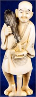 Japanese Carved Ivory Man w/ Fish & Goose Signed