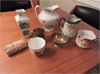 Royal Bayreuth pill box, bud vases, milk pitcher