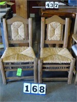 Rustic wooden chairs with straw seating, no arms
