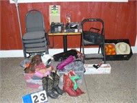 Lot of ladies shoes, men's boots, stacked chairs,