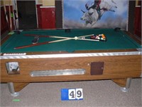 Pool Table. Approx 52 by 87 in. with balls, cue