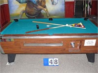 Pool Table. Approx 52 by 87 in. with balls, cue
