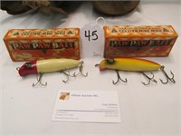 Two Paw Paw wooden lures in boxes