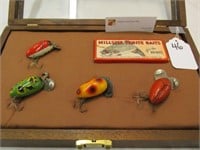 Four Millsite Rattle Bug lures and 1 box