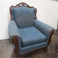 1920's Floral Stuffed Chair With Carved Wood Trim