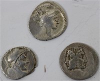 3 SILVER ANCIENT ROMAN COINS TO INCLUDE A JANUS