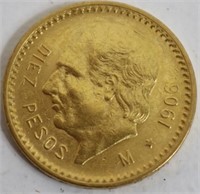 1906 TEN PESO MEXICAN GOLD COIN, 8.3 GRAMS.