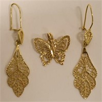 14K Gold Filigree Earrings & Butterfly Charm