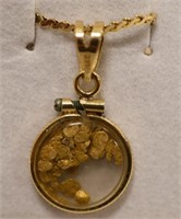 14K Yellow Gold Necklace With Gold Nugget Charm
