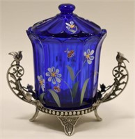 Fenton Cobalt Blue Lidded Jar With Metal Stand