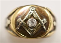Vintage Men's 10K Yellow Gold Masonic Diamond Ring
