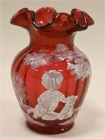 Fenton Cranberry Mary Gregory Boy & Dog Vase