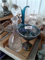 Blue glass pitcher, carnival dish, wine bottle