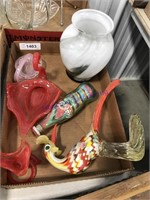 Assorted colored glass--vase, swans, Coke bottle