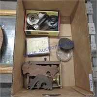Old phone parts, wood trim, glass photo plates,