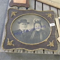 Old couple wood-framed picture, 25.5 x 22