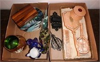 Two boxes- Vintage vanity set, collector plates,