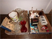 Two boxes- Bells, vases, old tin paint box, etc.