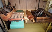 Assortment of tools, furniture legs, rolling pins