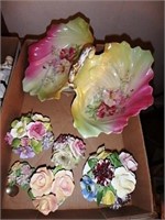 Floral handled dish and five china florals