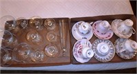 Two boxes- cups and saucers, etched stemware