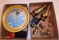 Two boxes- brass vases, cats, bells, change bags
