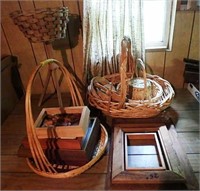Assortment of wooden baskets with picture frames