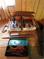 Two boxes of antique tools to include Wrenches,