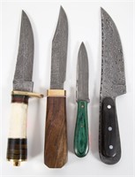 4 Custom Knives with Etched Damascus Blades