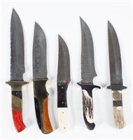 5 Custom Etched Damascus Steel Bladed Knives