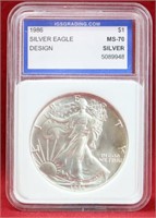 1986 Eagle Design 1oz Fine Silver Dollar IGS MS-70