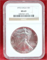 1992 Eagle 1oz  Fine Silver Dollar NGC MS 69