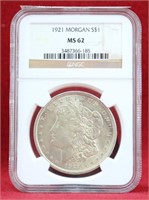 1921 - P Morgan Silver Dollar NGC MS62